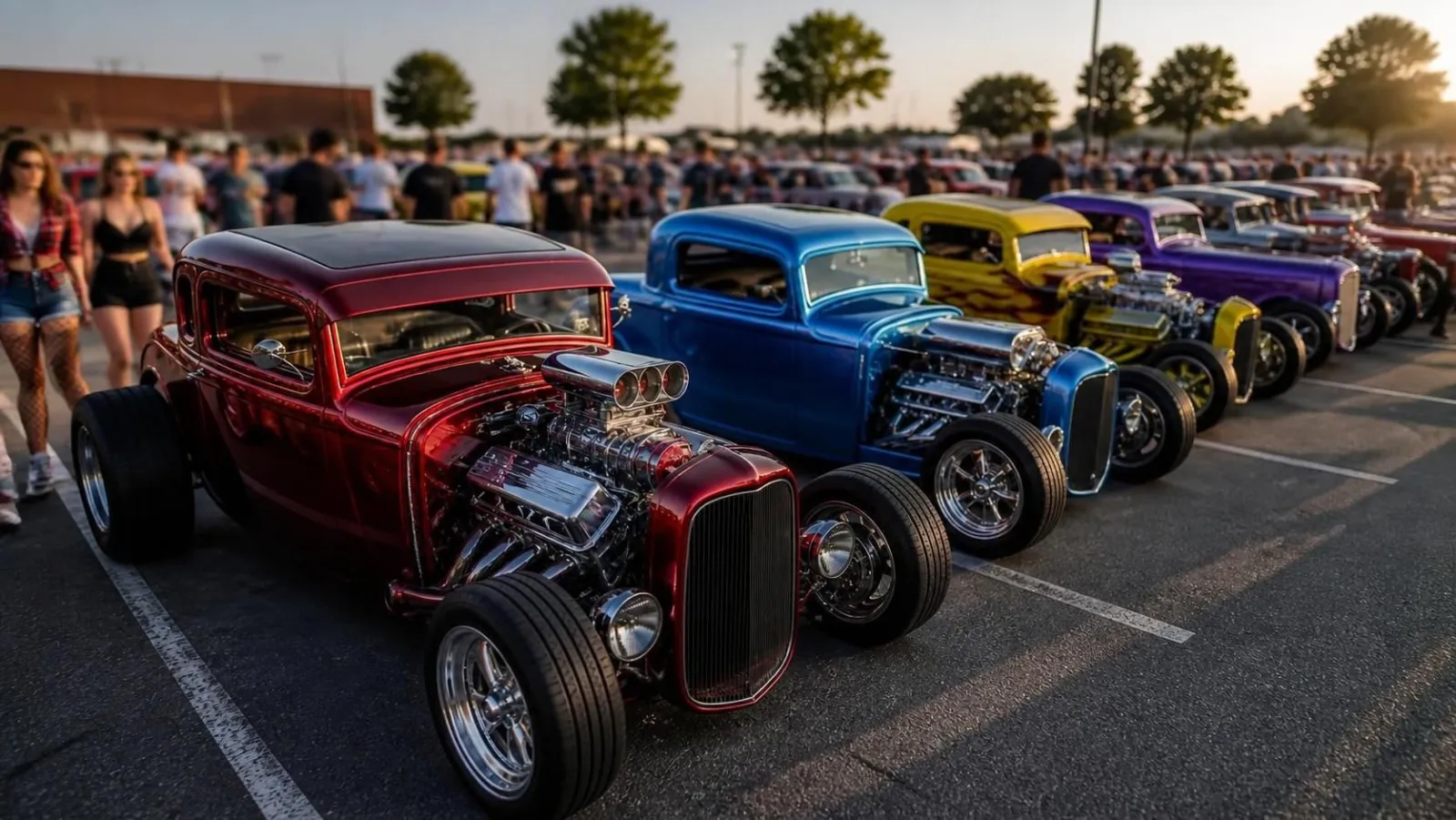 Classic modified hot rods and custom cars lined up at an outdoor car show
