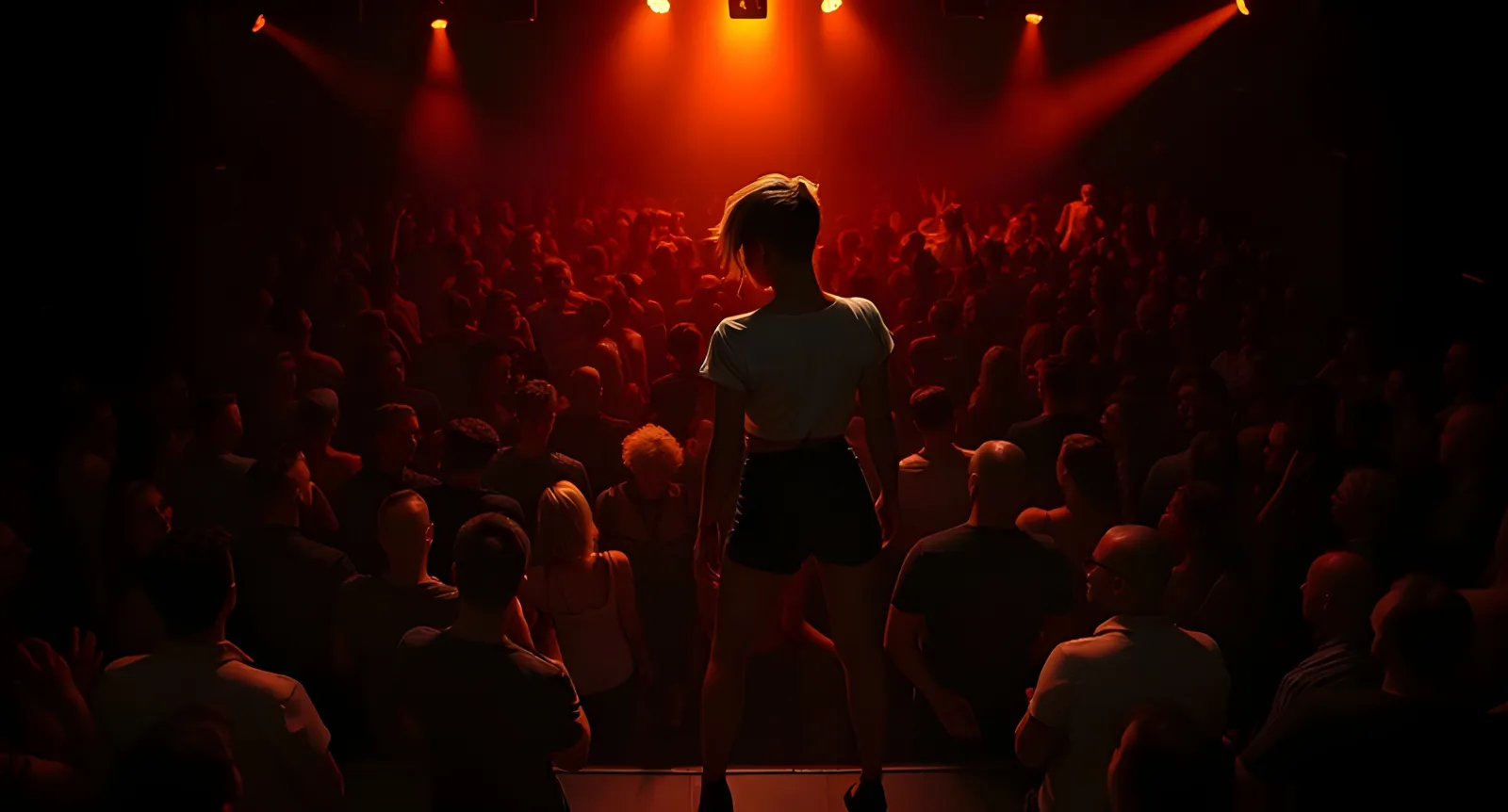 A high-energy indoor heavy music party with a crowd under stage lights in Rutherford