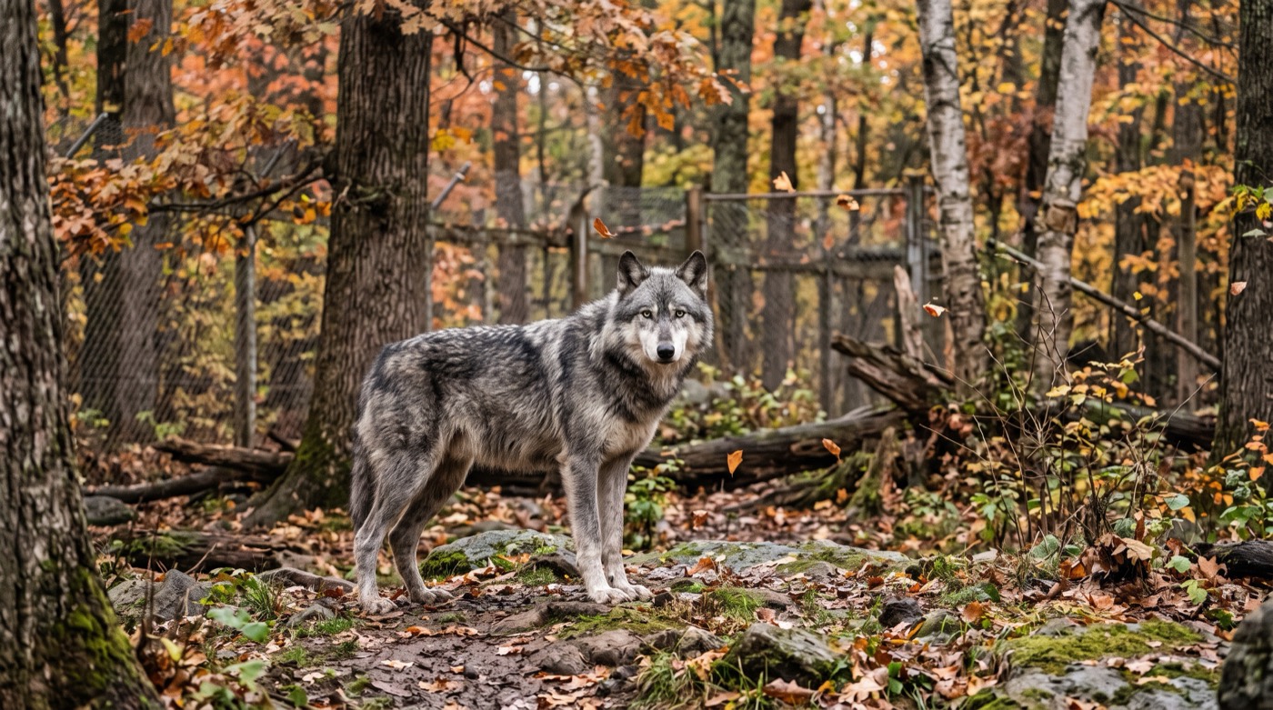 A gray wolf looking back from a wooded enclosure at Lakota Wolf Preserve in Columbia, New Jersey