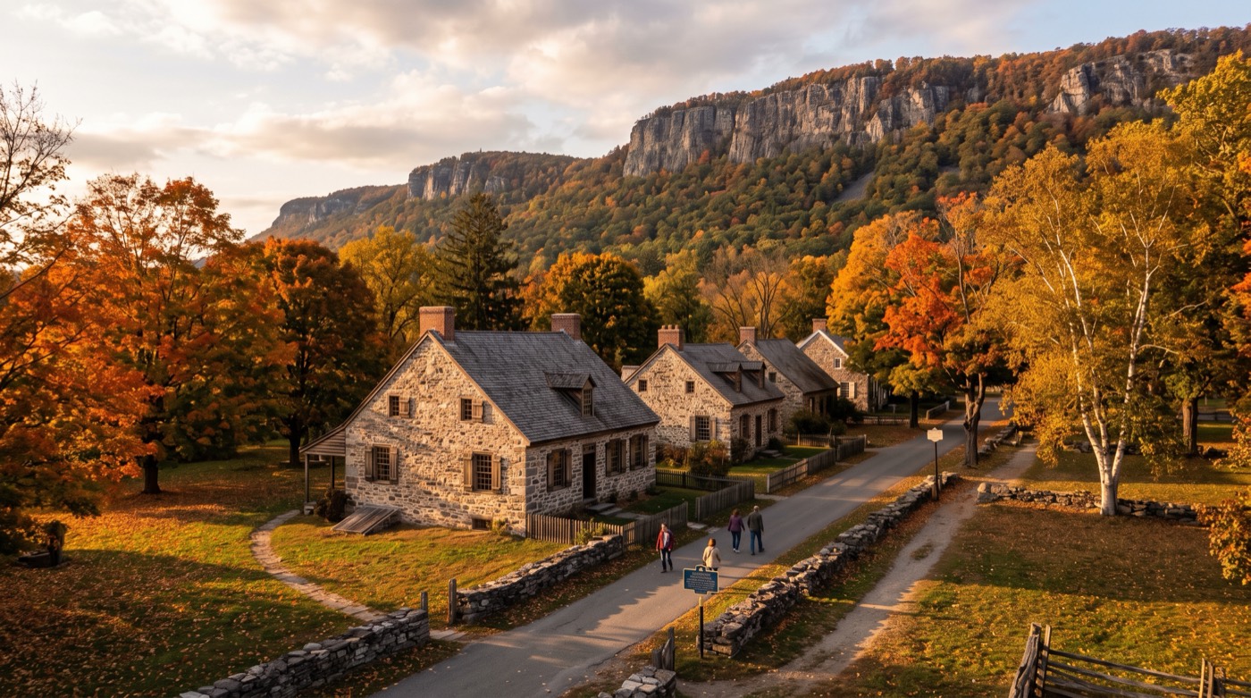 Historic stone houses on Huguenot Street in New Paltz with autumn trees and the Shawangunk Ridge behind