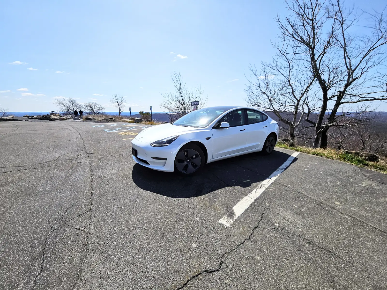 The white Tesla Model 3 on a scenic drive